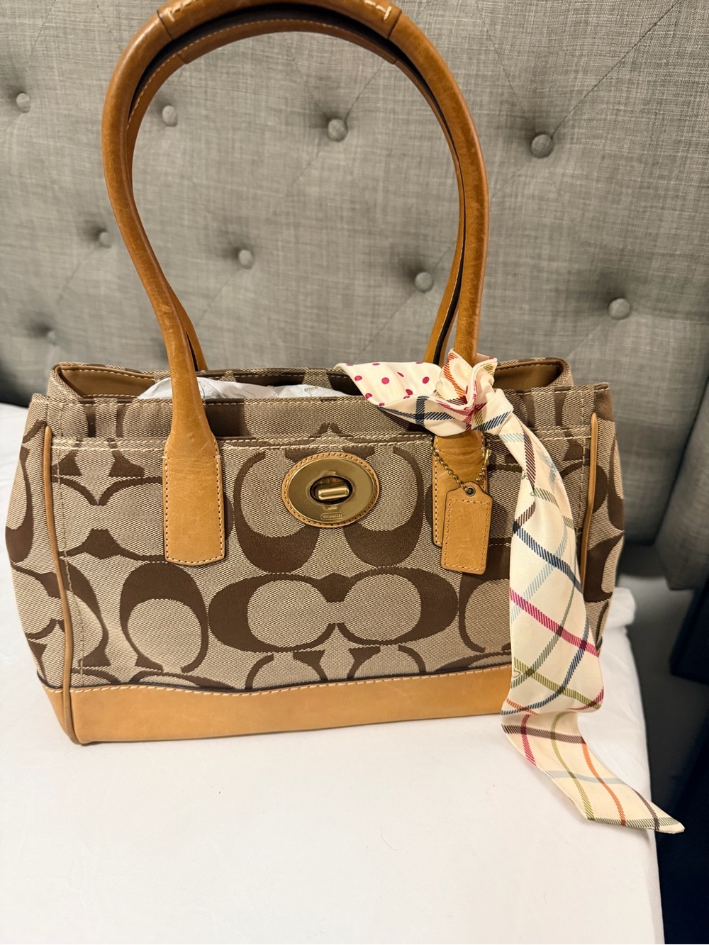 Coach Signature Canvas Satchel in Brown and Tan with Scarf Accent